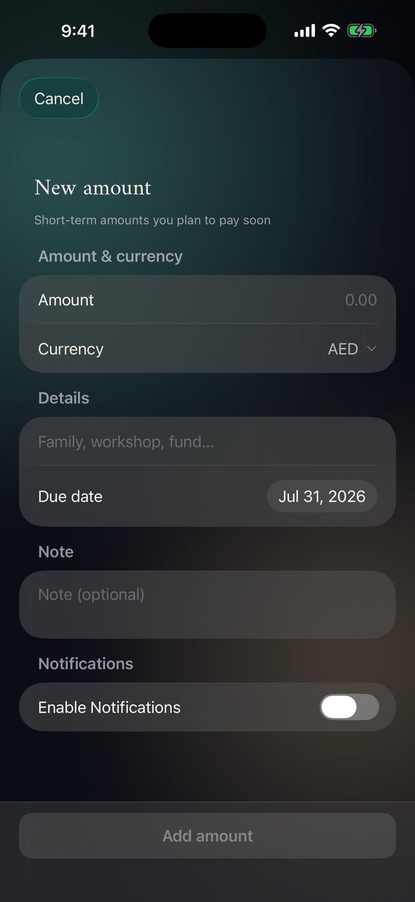 Dufaat New amount form with amount, currency, due date, note, and notification fields