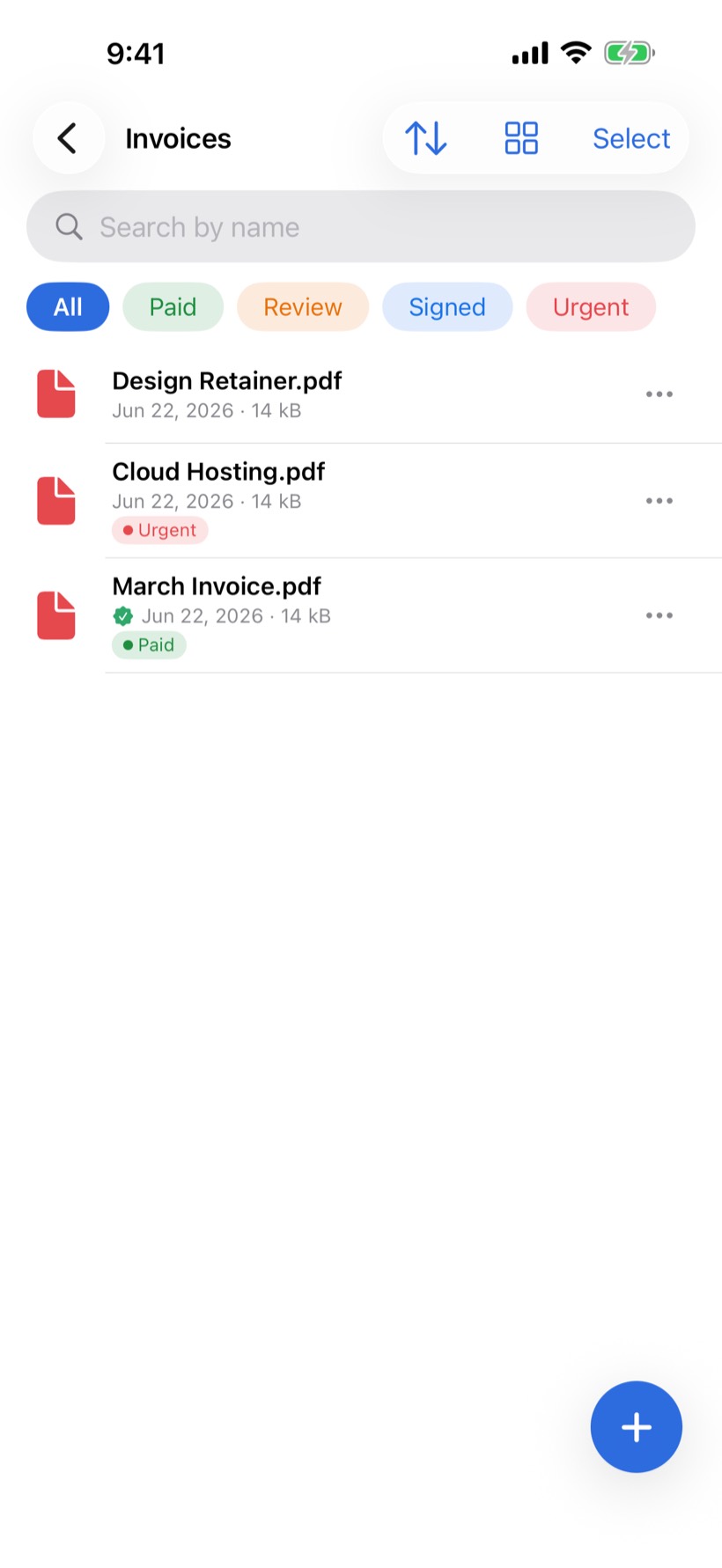 Filed Invoices folder showing three PDFs and All, Paid, Review, Signed, and Urgent filters
