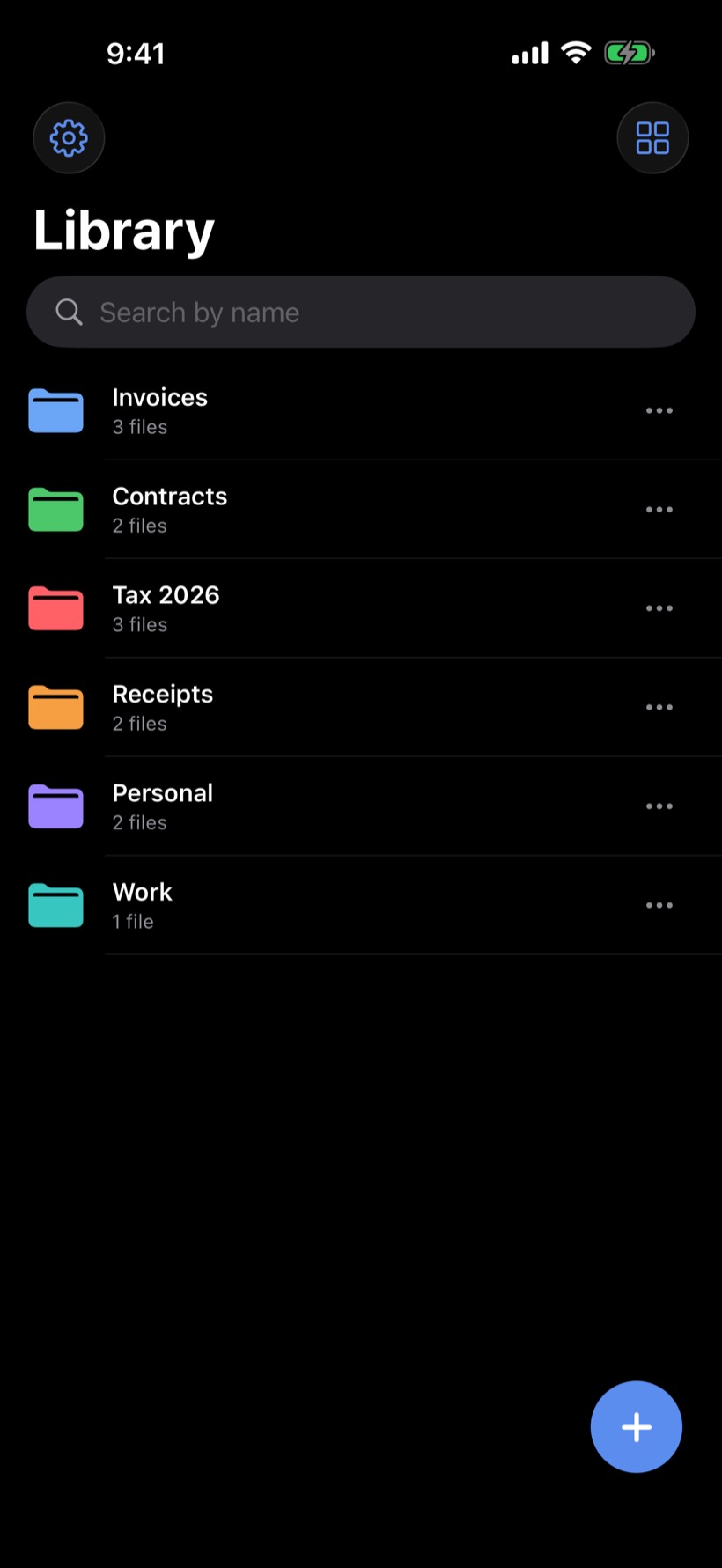 Filed Library in dark mode with six colored folders