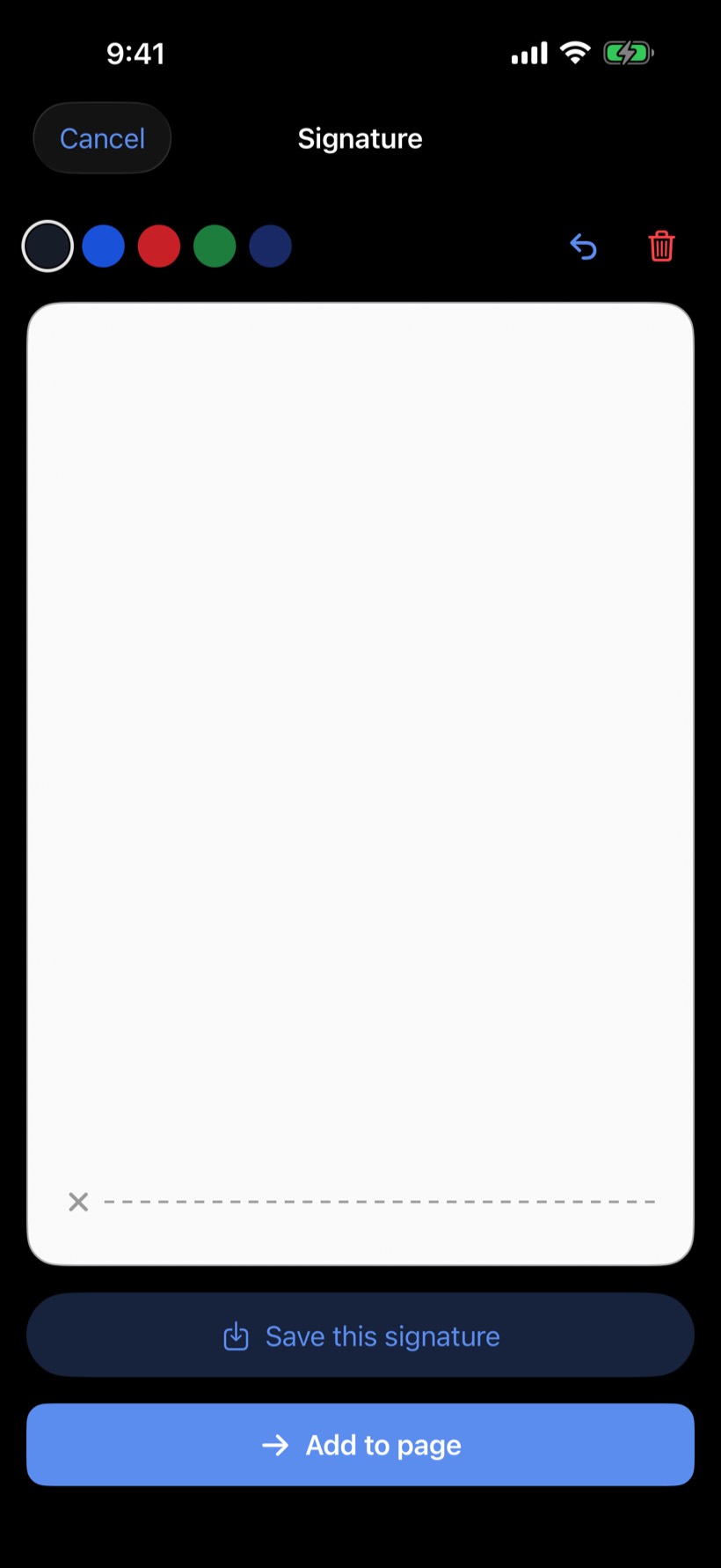 Filed signature drawing screen in dark mode