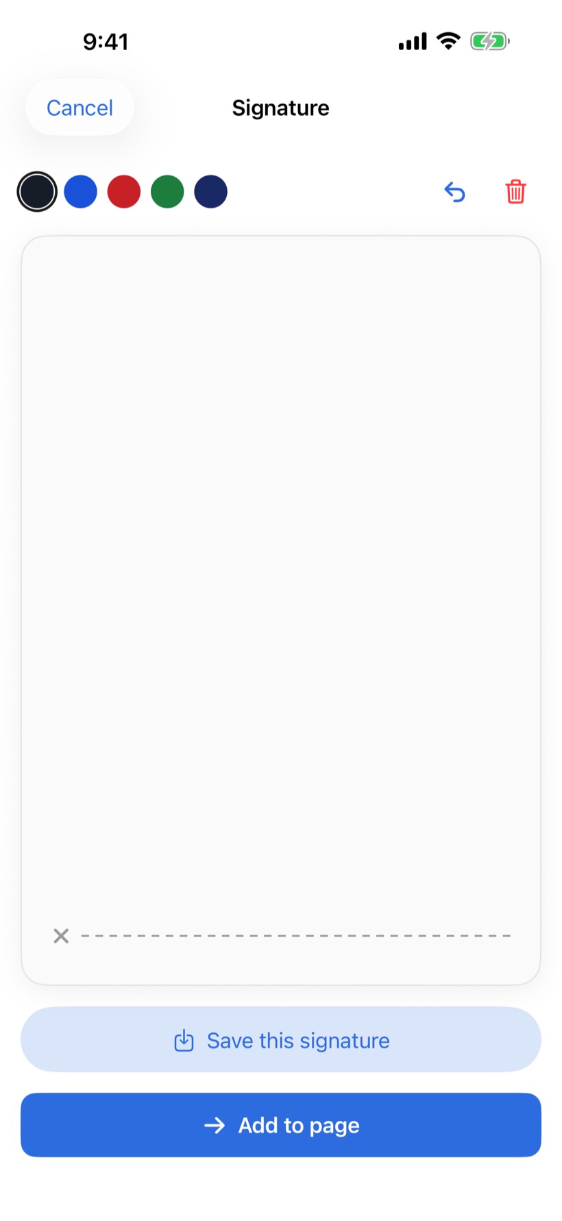 Filed signature screen with ink colors, drawing area, save option, and Add to page button