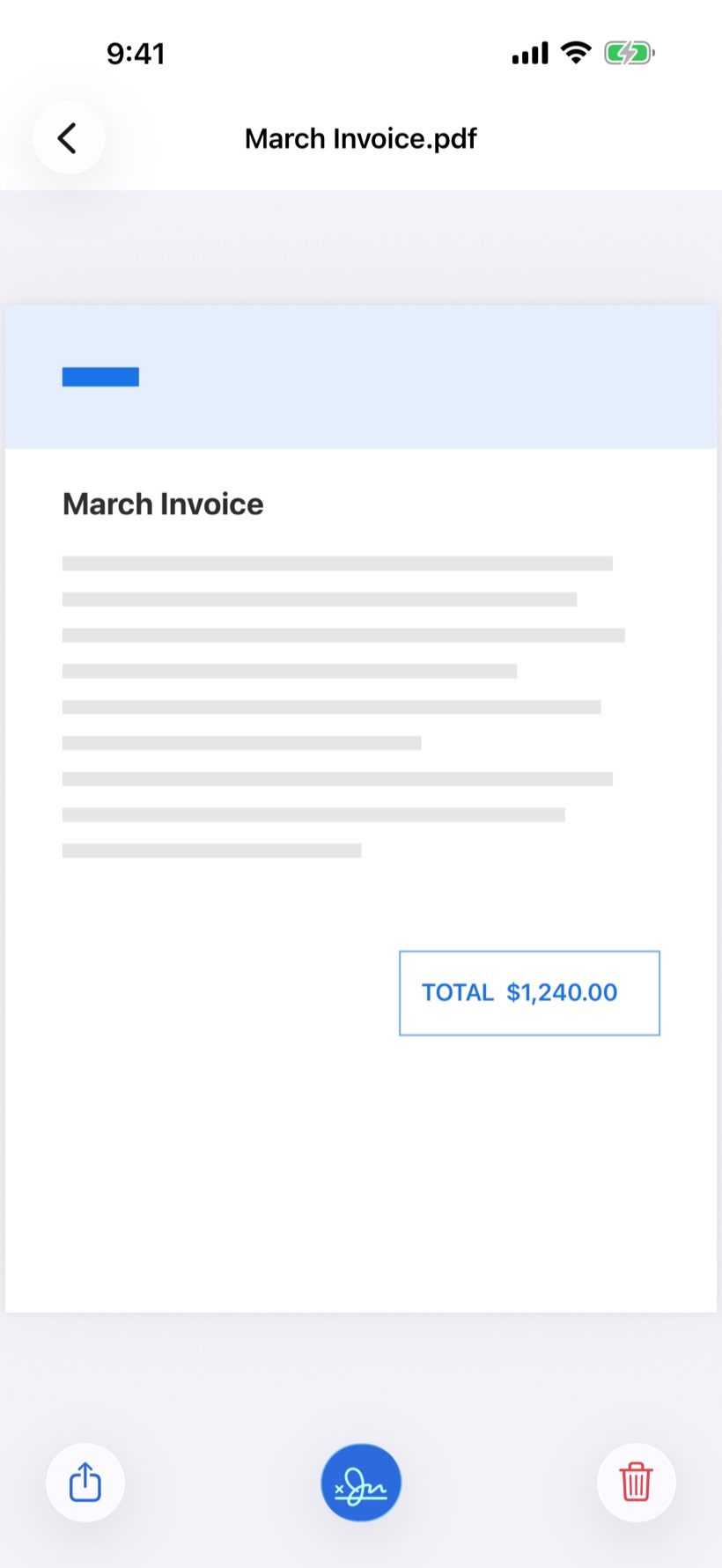 Filed full-screen PDF viewer displaying a March Invoice with share, sign, and delete controls