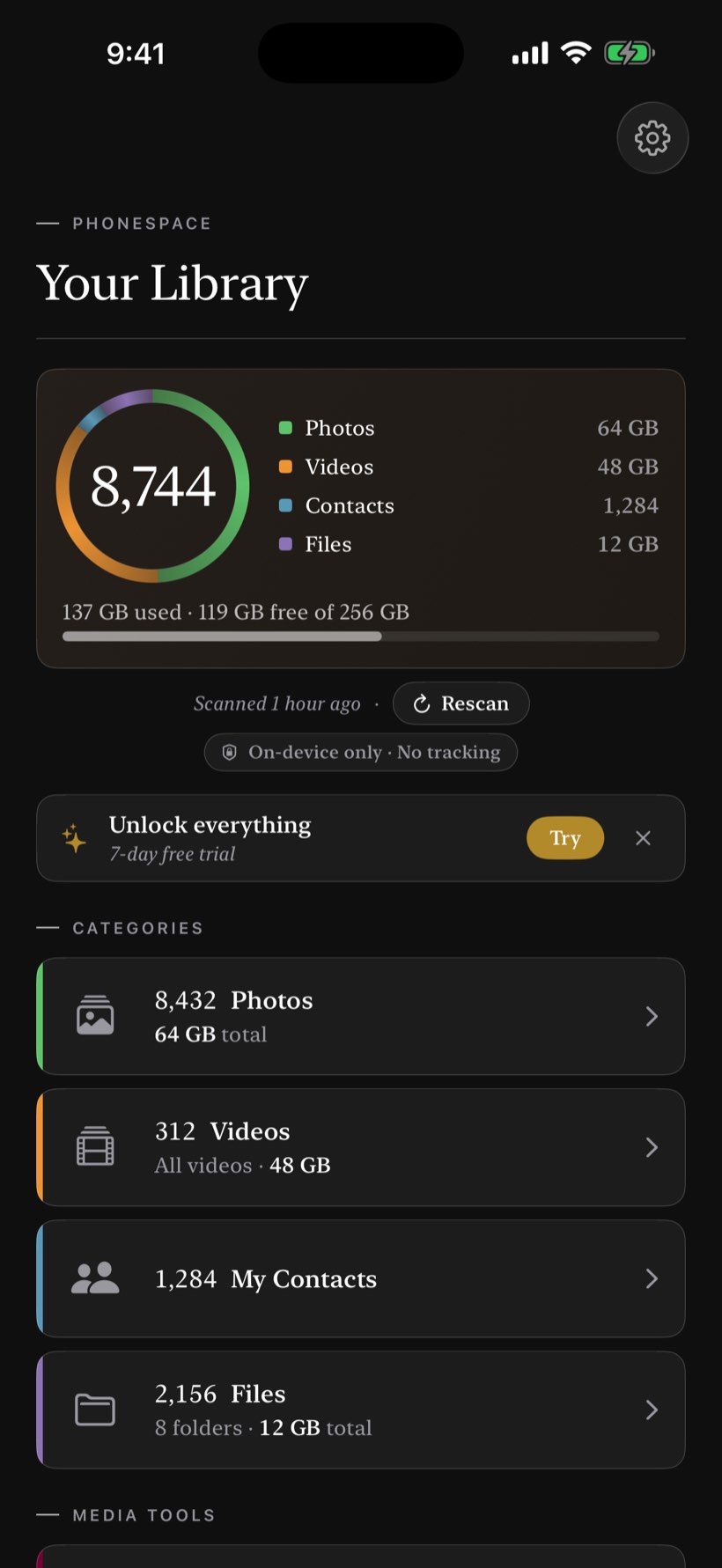 PhoneSpace library in dark mode with storage overview and four category rows