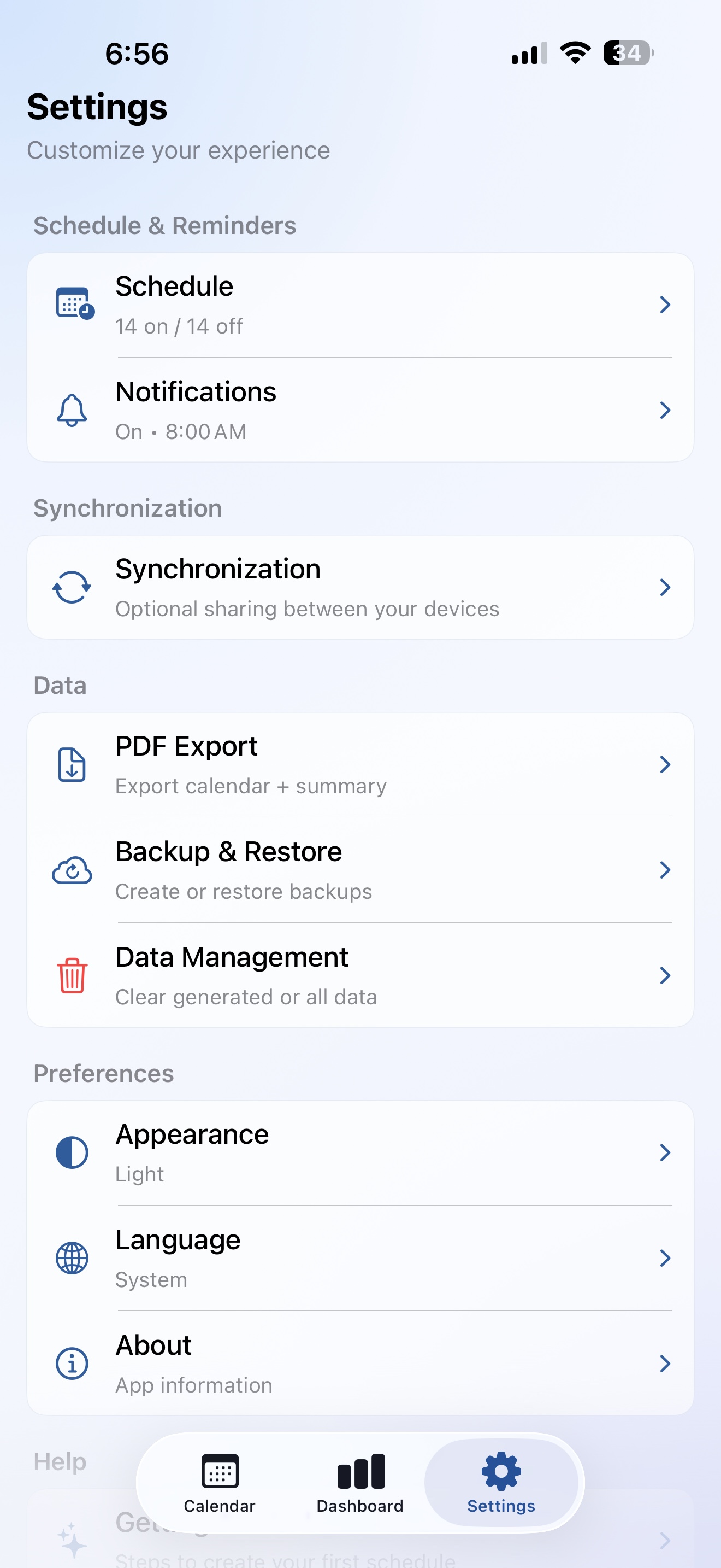 SShift settings in English for schedule, reminders, export, and language