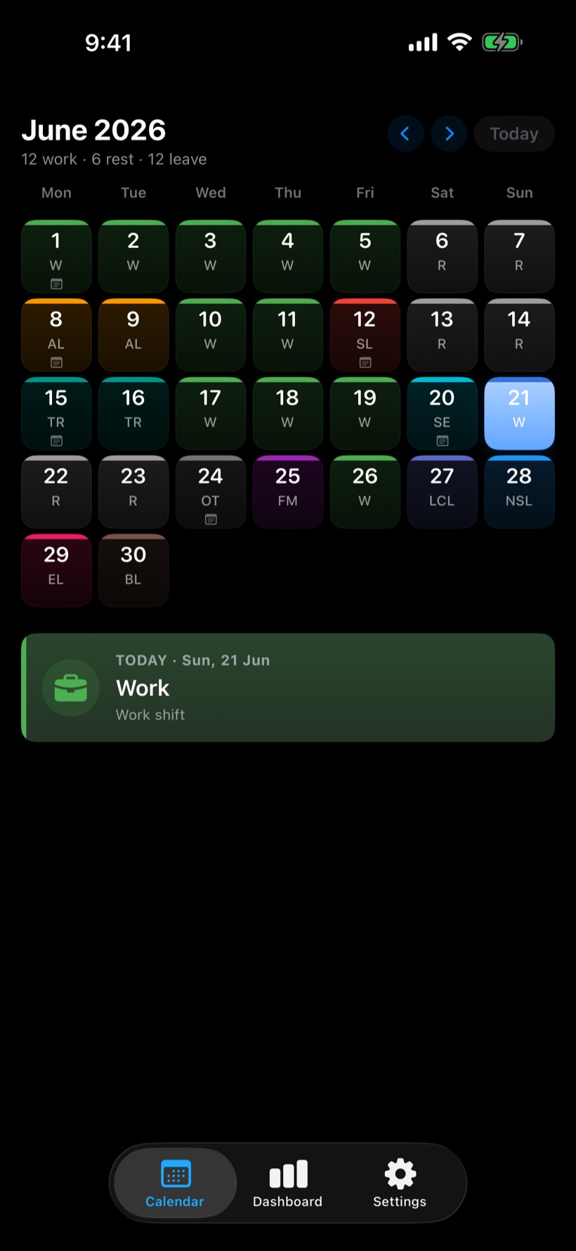 SShift calendar in dark mode showing the real seven-day shift pattern