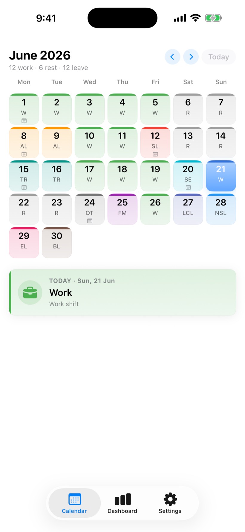 SShift month calendar showing color-coded work, rest, training, and leave days