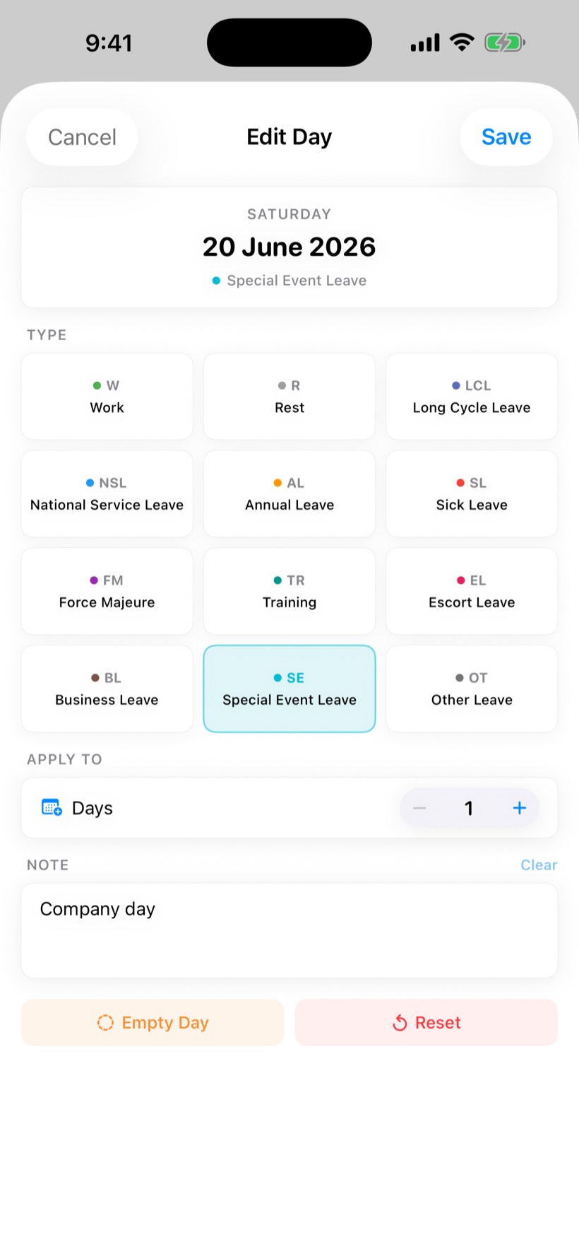 Editing a day in SShift with color-coded shift and leave types