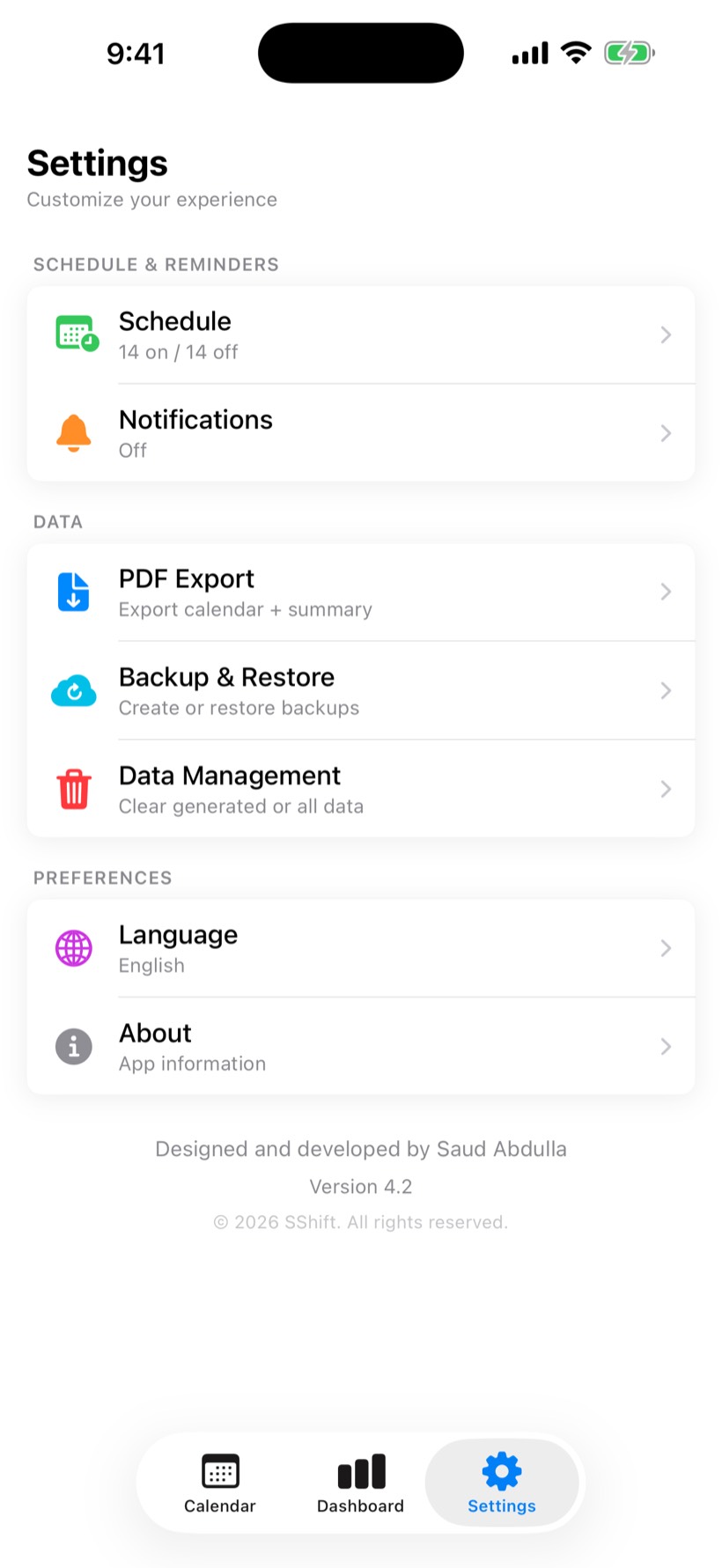 SShift settings for schedule, reminders, PDF export, backup, language, and about